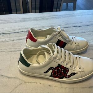 Gucci White Sneakers with Red and Green Snake Design